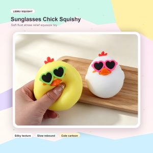 Pastel Instagram style product image of sunglasses chick squishy stress relief toys