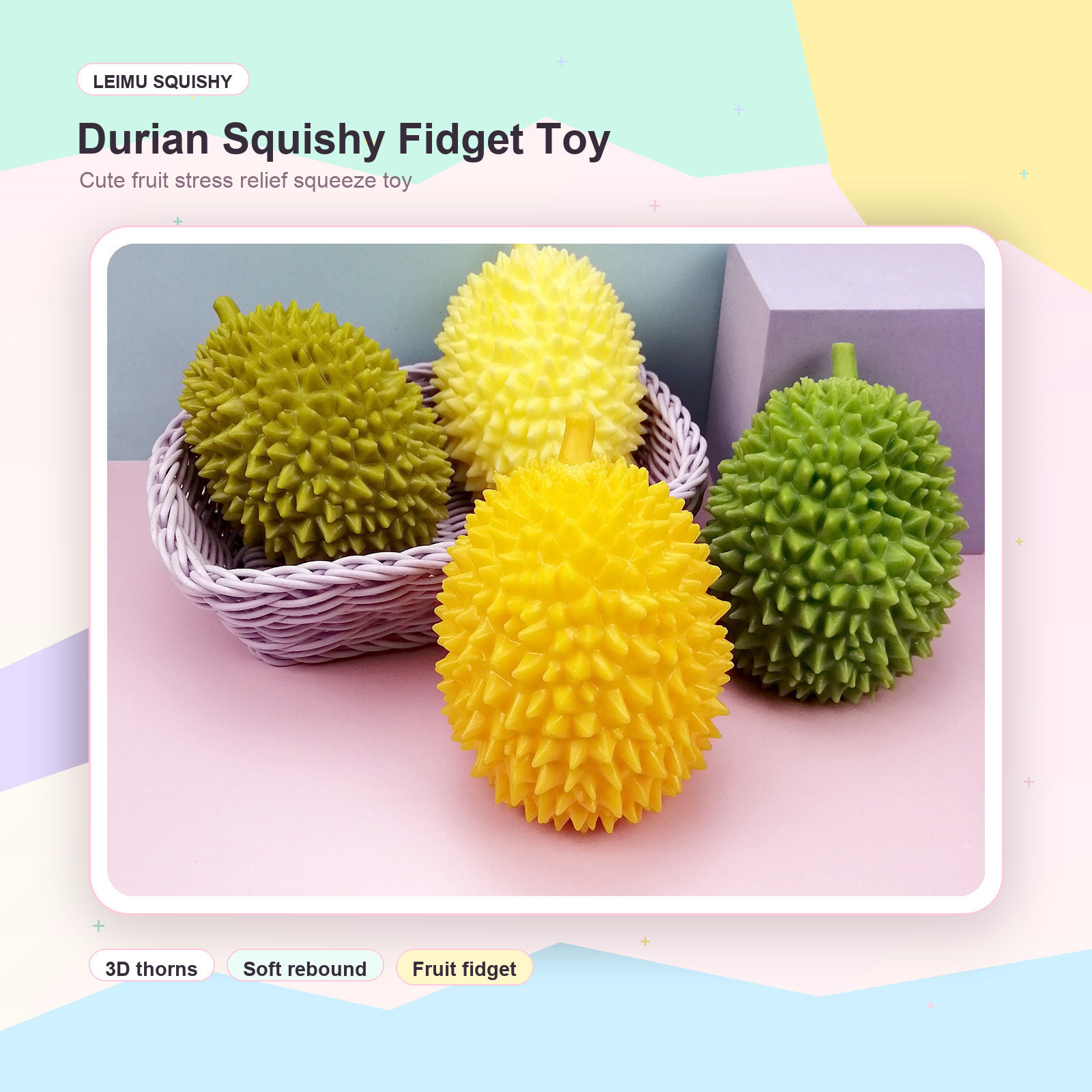 Pastel Instagram style product image of durian squishy fidget toys in multiple colors