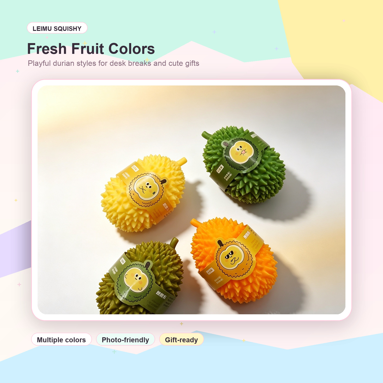 Top down pastel product image of durian squishy toys with cute labels