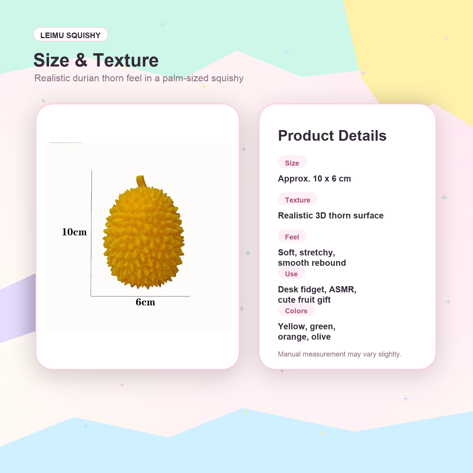 Durian squishy product spec card showing approximate 10 by 6 cm size and 3D thorn texture