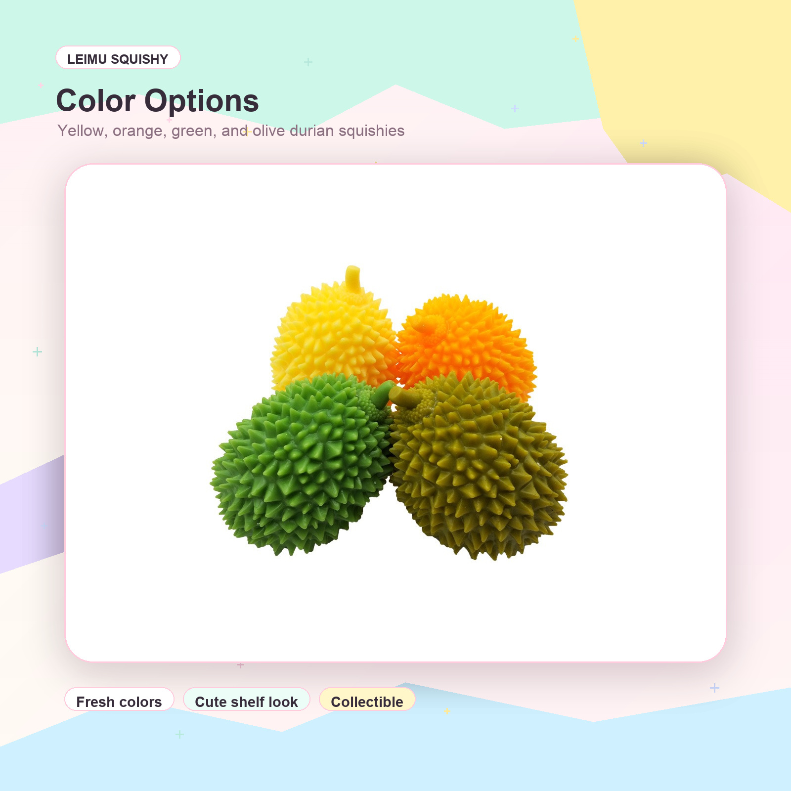 Durian squishy fidget toy color options in yellow green orange and olive