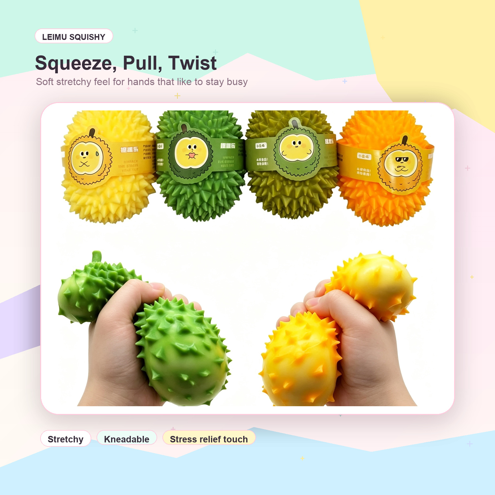 Hands squeezing durian squishy toys showing soft stretchy rebound texture