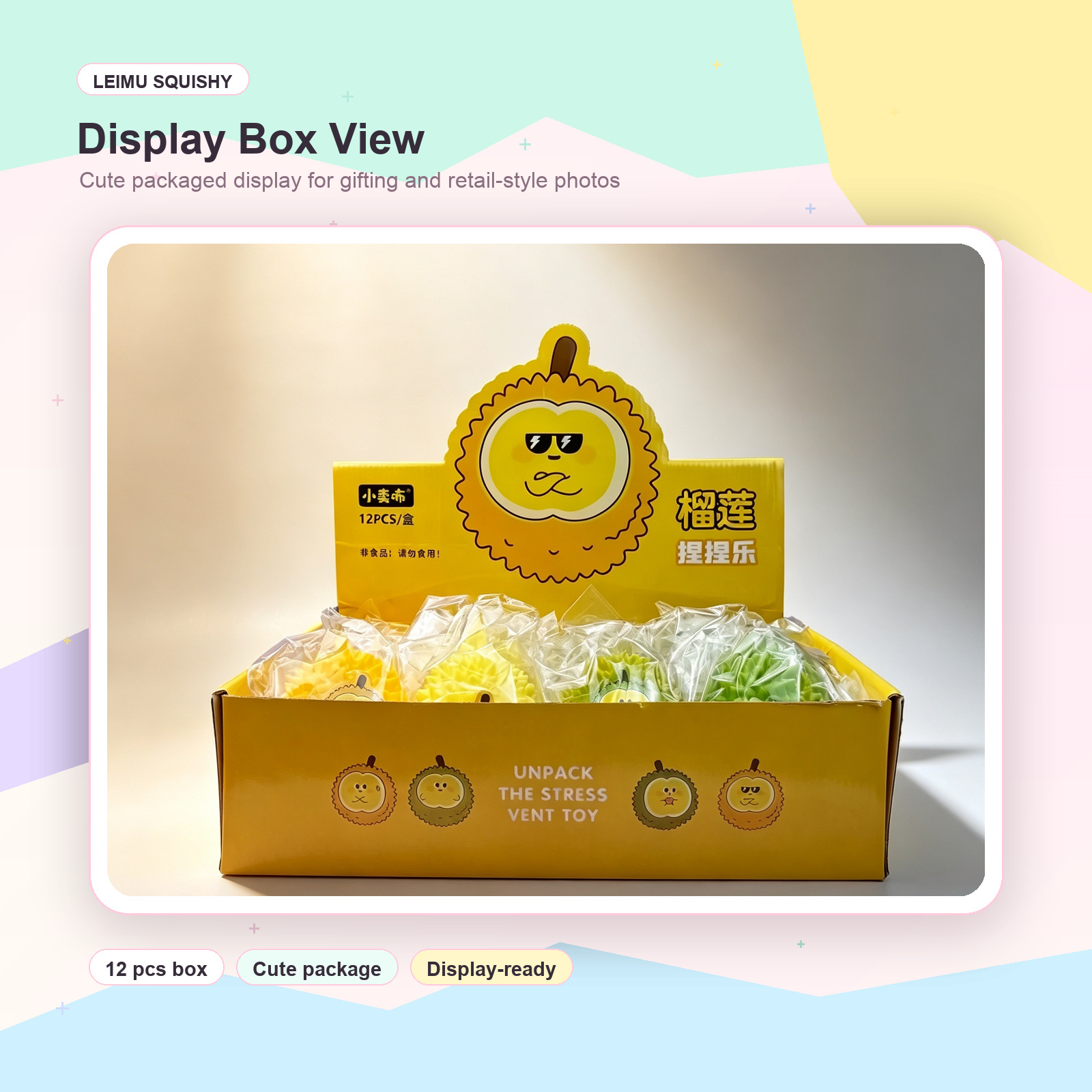 Packaged display box of durian squishy fidget stress toys