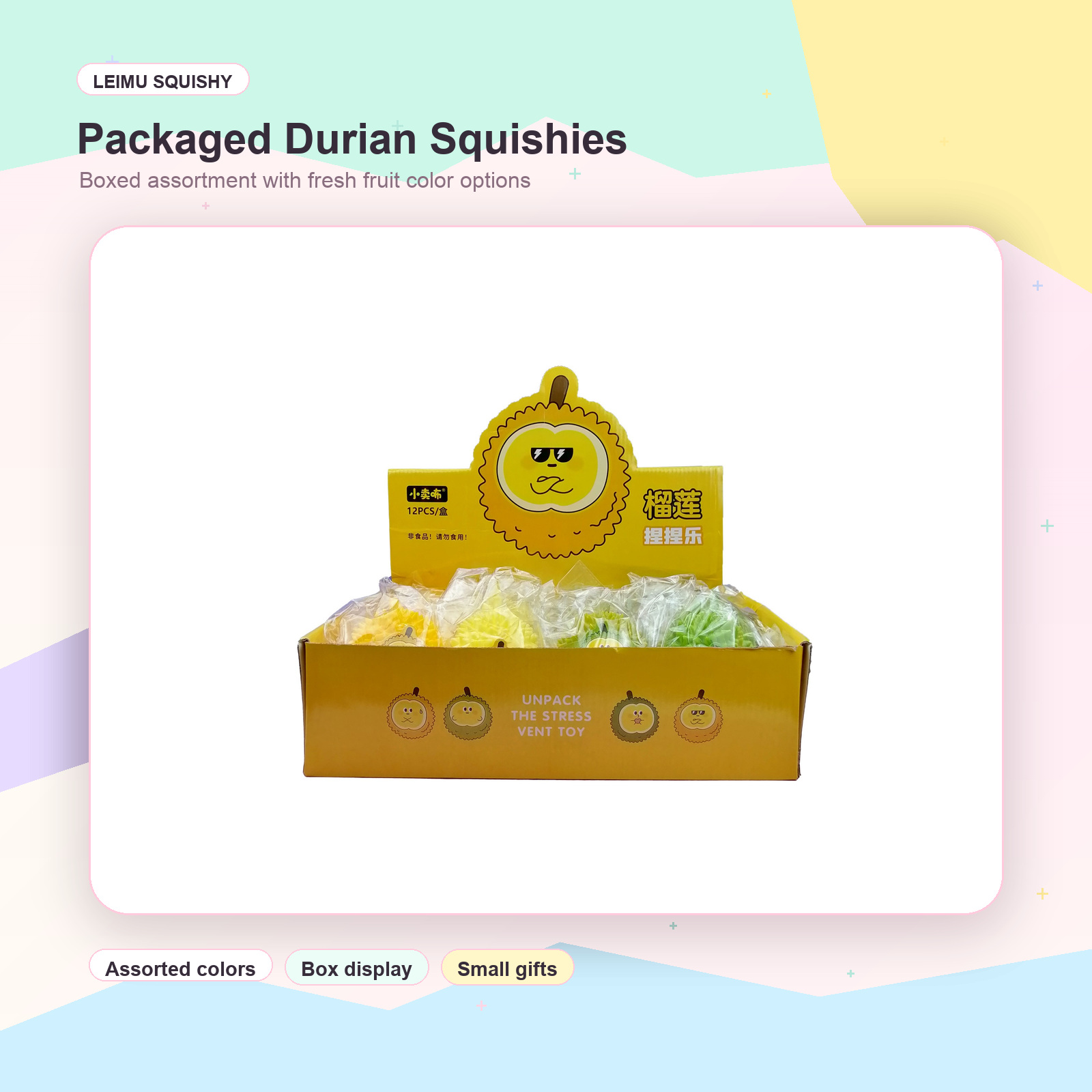 Boxed assortment of durian squishy fidget toys in fresh fruit colors
