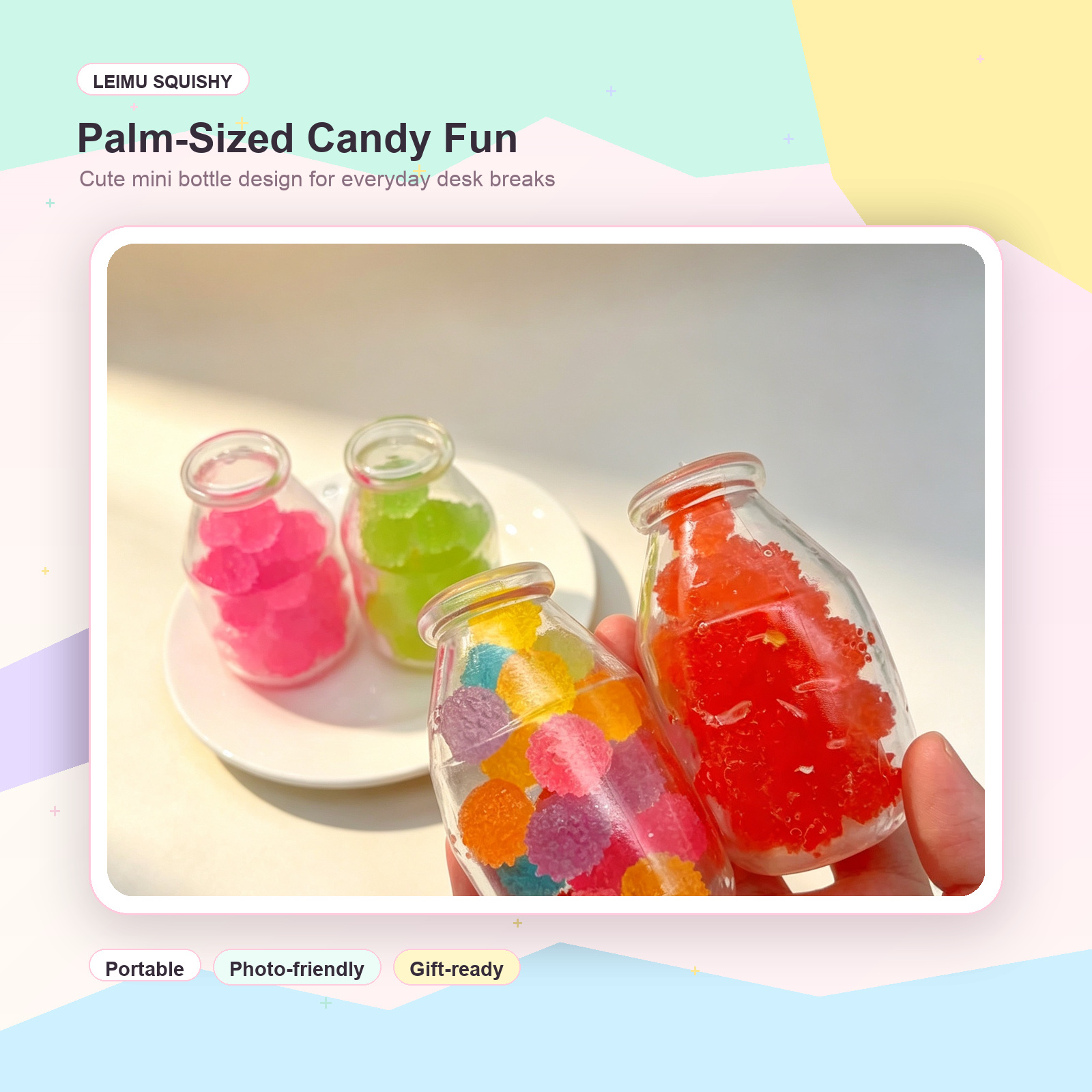 Hand holding transparent milk bottle squishy with colorful sugar balls
