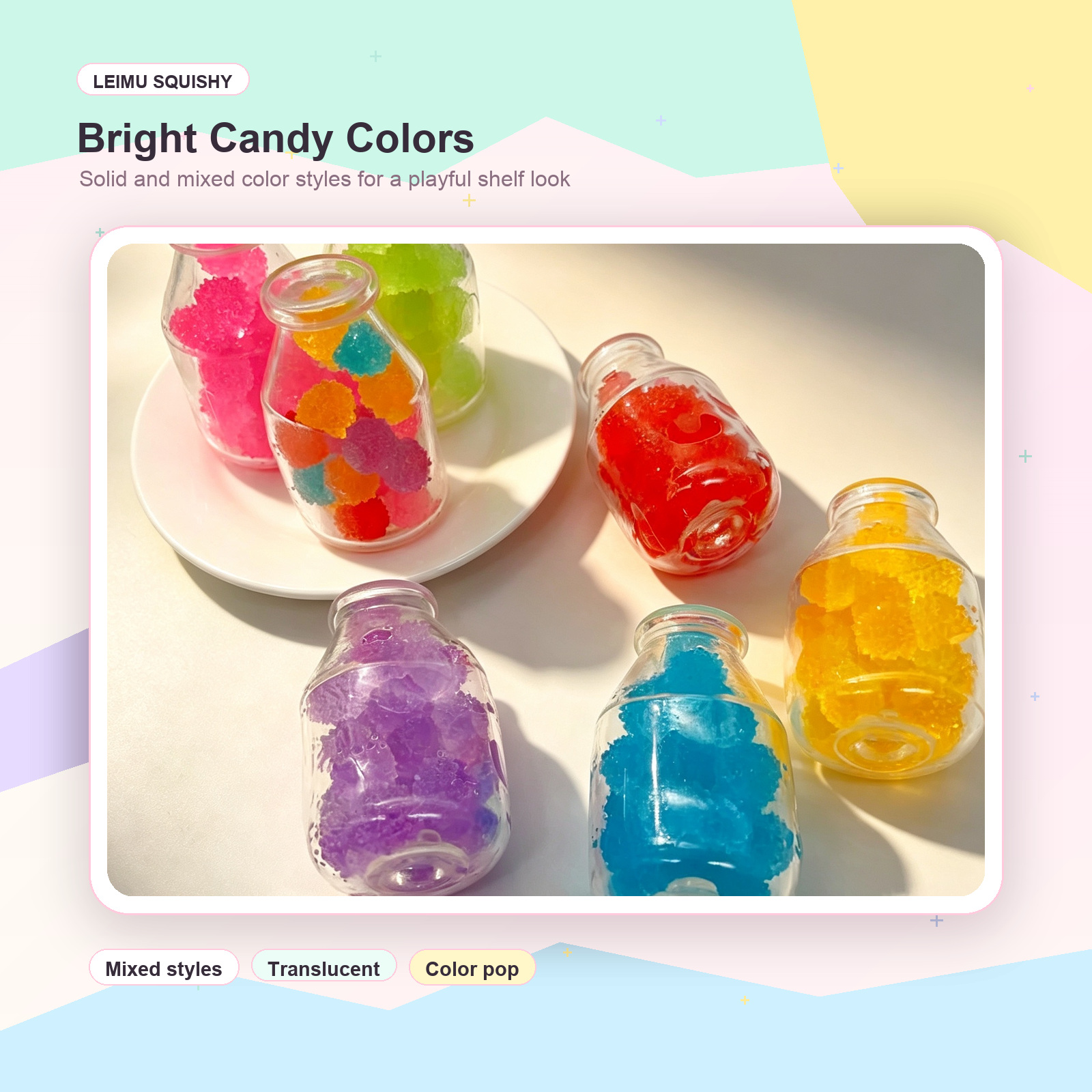 Transparent candy bottle squishy toys in multiple bright colors