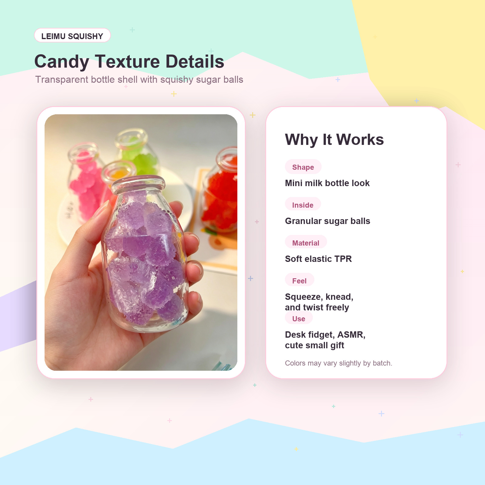 Feature card for milk bottle sugar ball squishy toy showing material texture and use