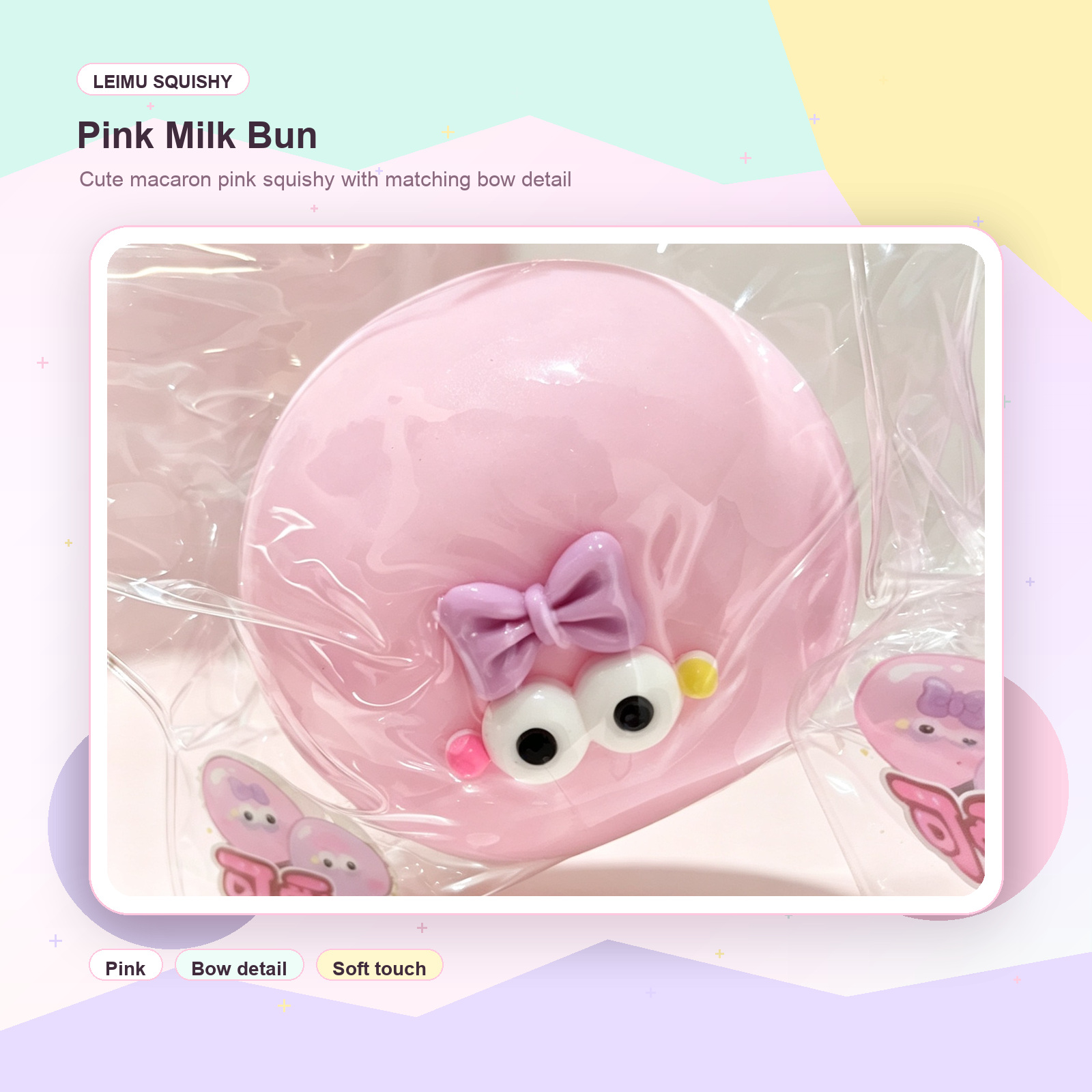 Pink creamy milk bun squishy toy with bow in sealed package