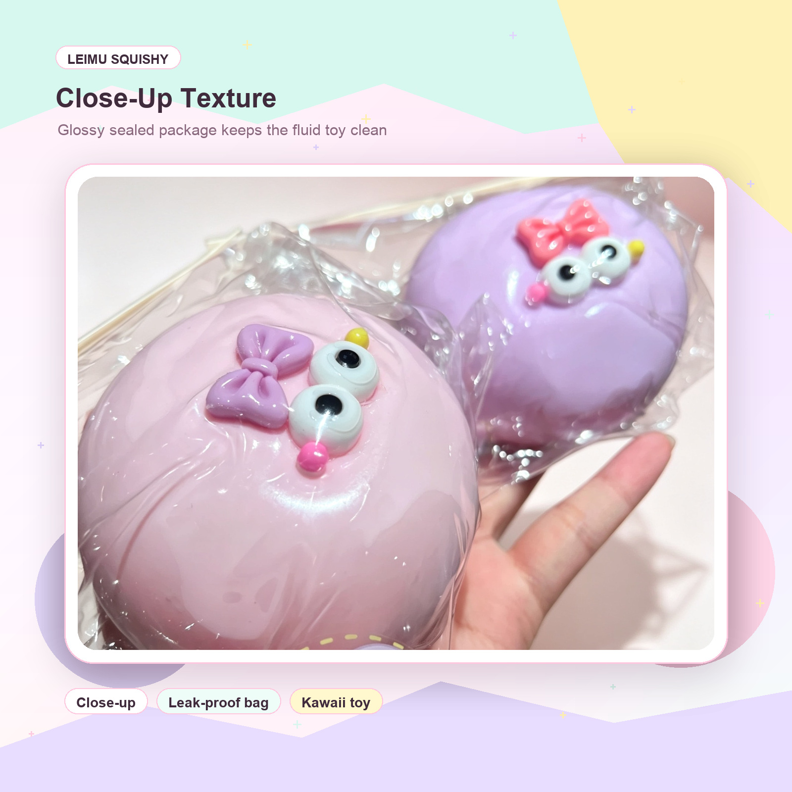 Close view of pink and lavender creamy milk bun squishy toys with bows