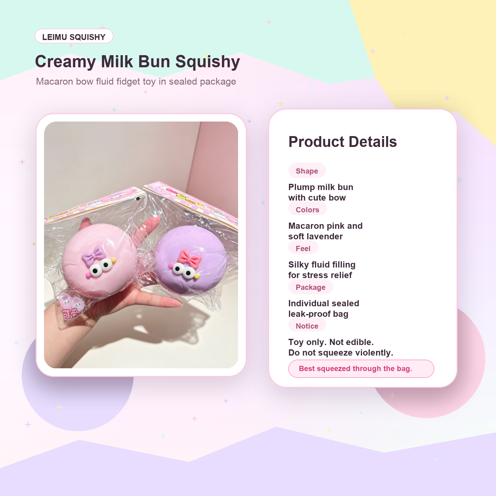 Feature card for creamy milk bun squishy showing macaron colors fluid filling and sealed package