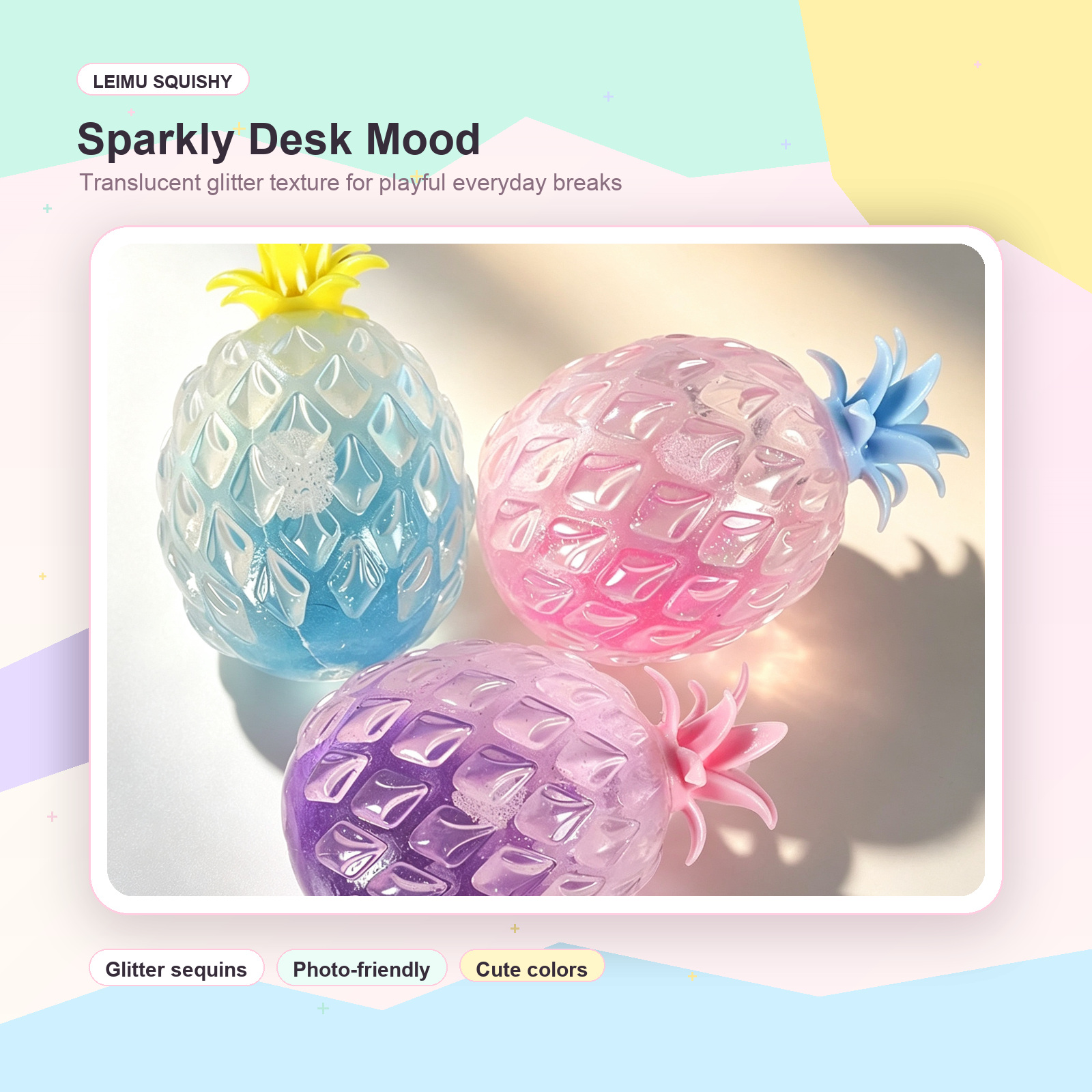 Styled pastel product image showing glitter pineapple squishy toys in soft sunlight