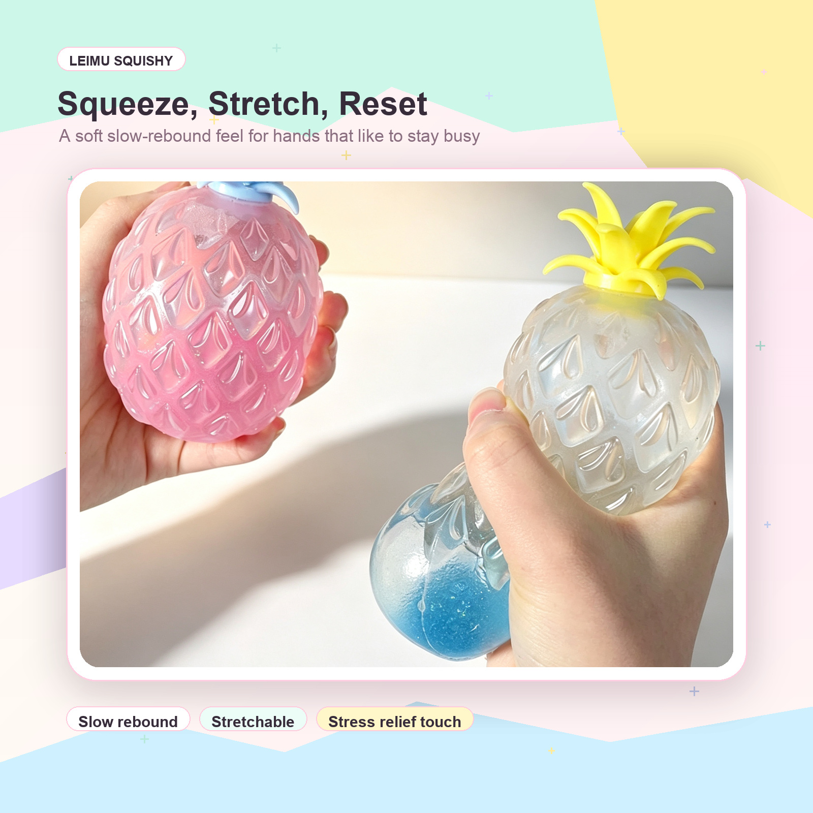 Styled product image showing hands squeezing translucent pineapple fidget toys