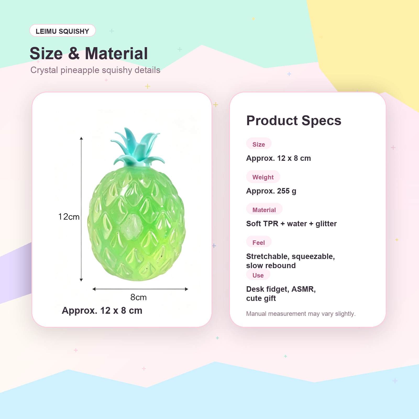 Pastel product spec card for pineapple squishy toy showing size material and slow rebound feel