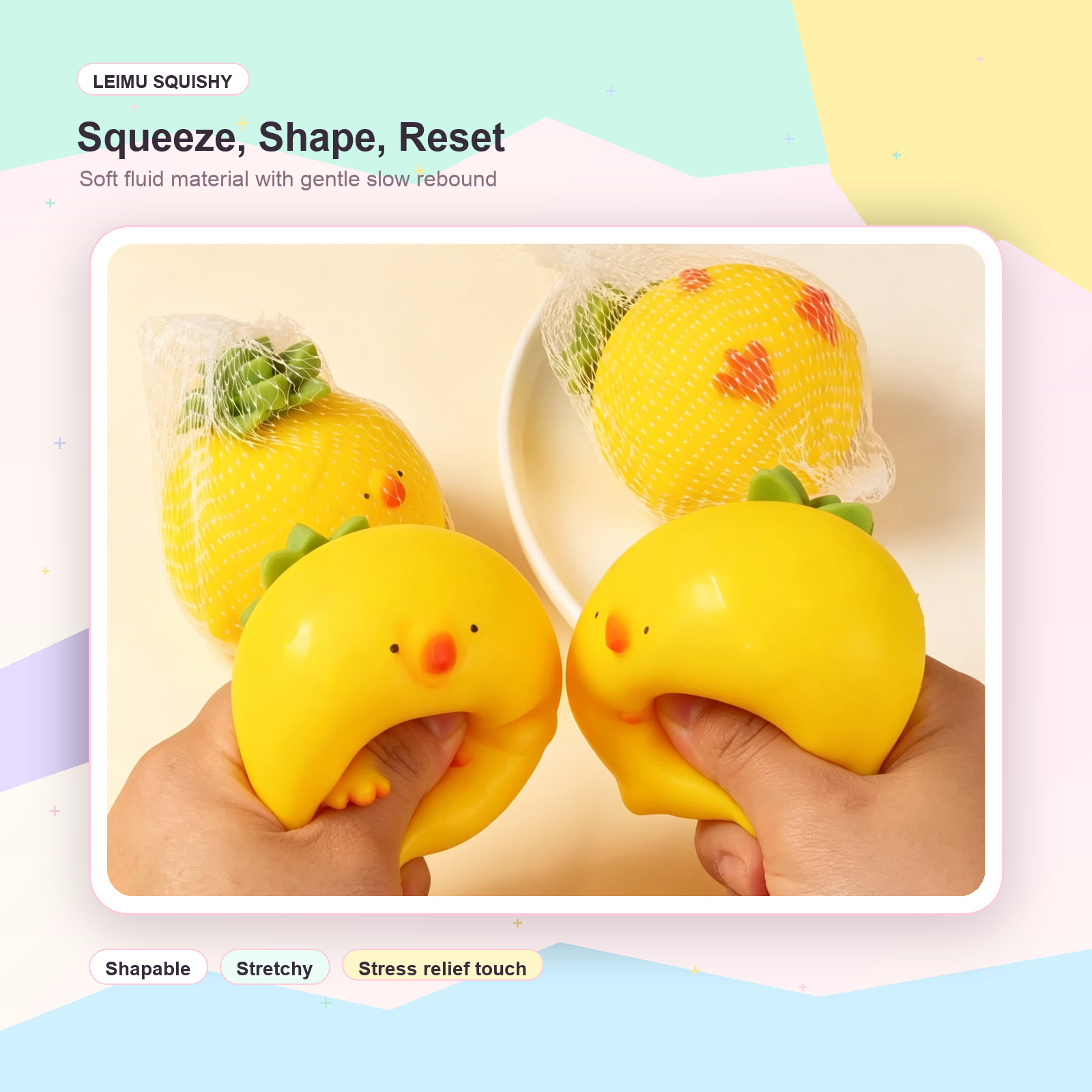 Hands squeezing pineapple chick fluid squishy toy with gentle slow rebound