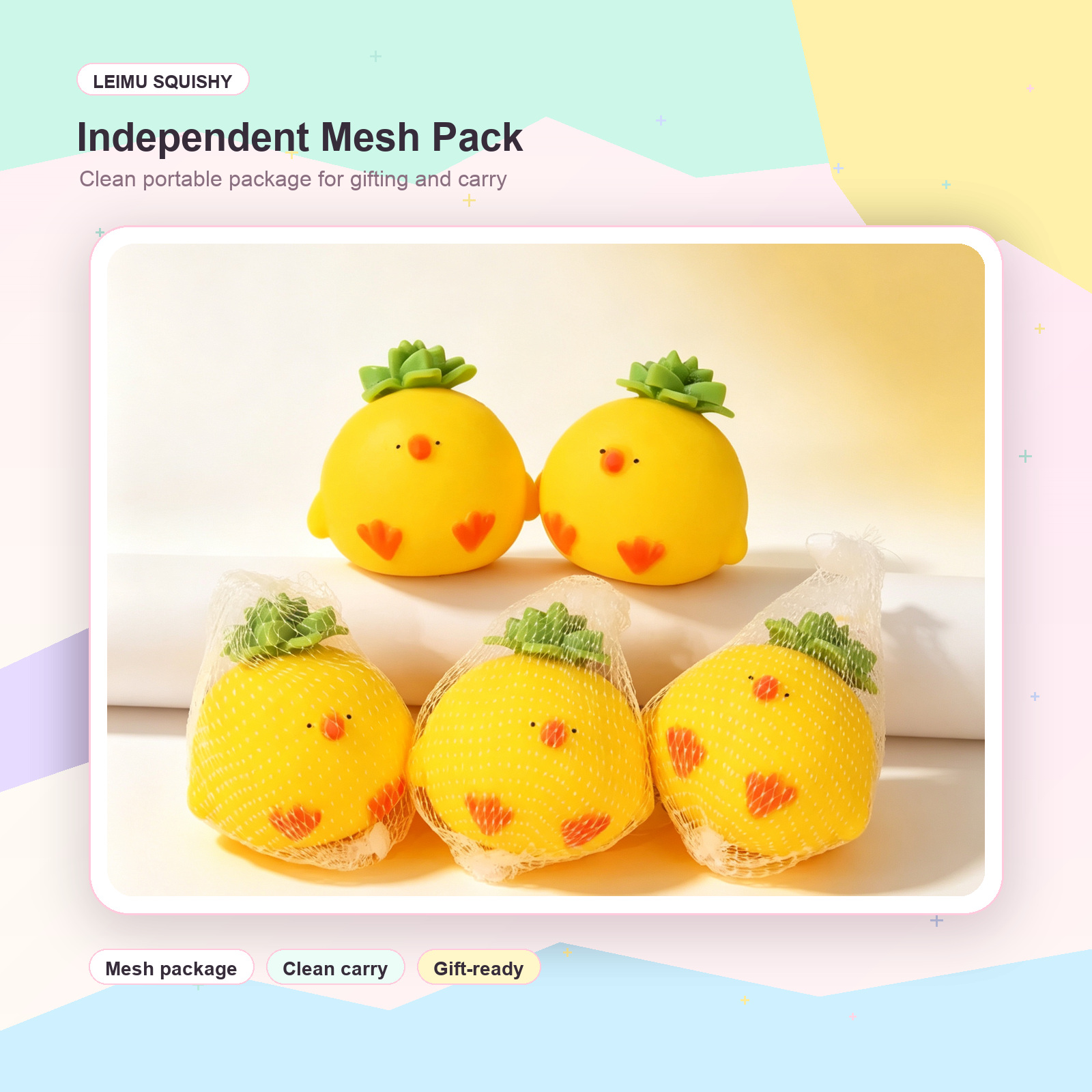 Pineapple chick squishy toys in independent mesh packaging