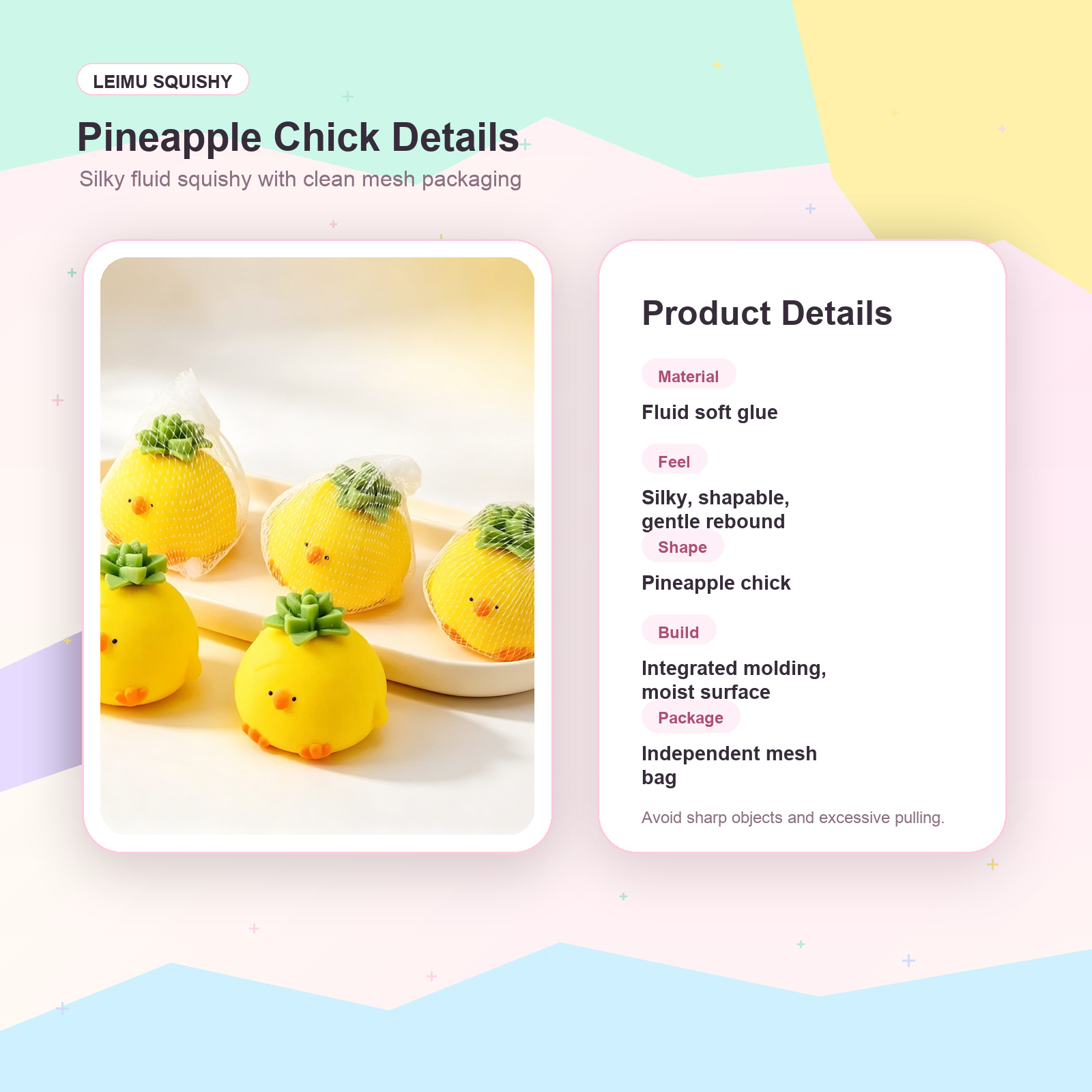 Feature card for pineapple chick fluid squishy showing material feel shape and mesh package